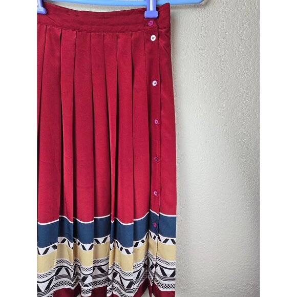 VTG Liz Claiborne Pleated Midi Skirt Button Side Geometric Print Red/Blue/Tan - Picture 2 of 7